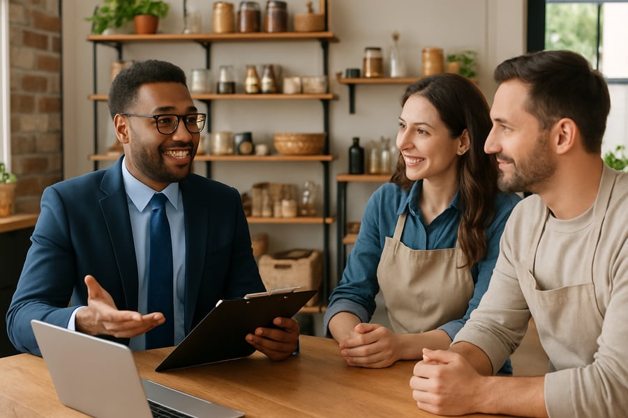 Business consultant meeting with small business owners Business consultant meeting with small business owners